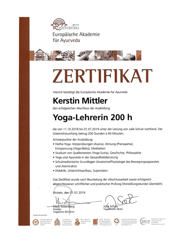 Zertifikat Yoga-Lehrerin 200 h