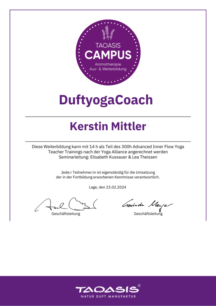 Zertifikat TAOASIS DuftyogaCoach